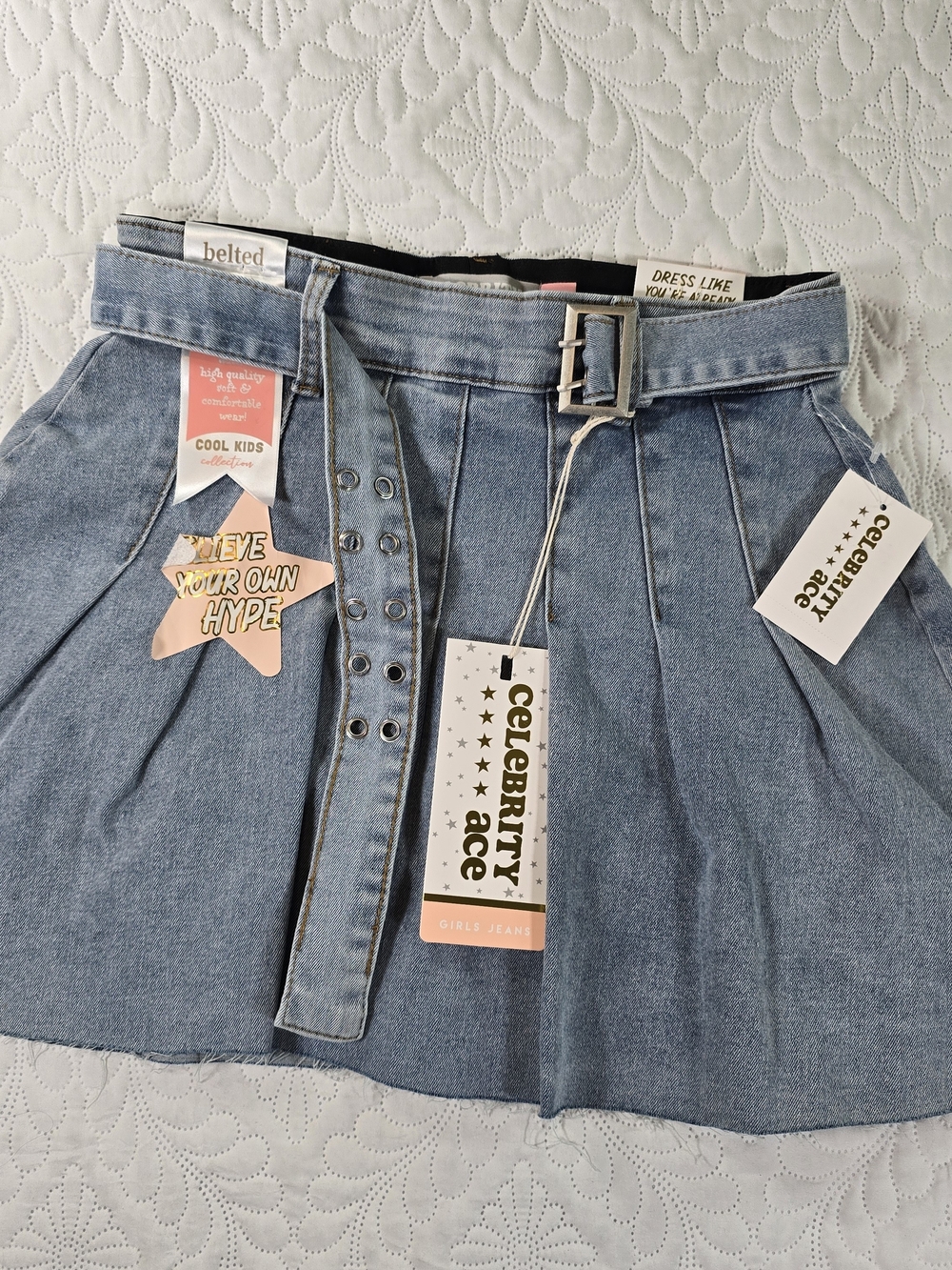 NWT Celebrity Pink Girls Denim Pleated Mini Skort Size 14 Belted Light Wash NEW